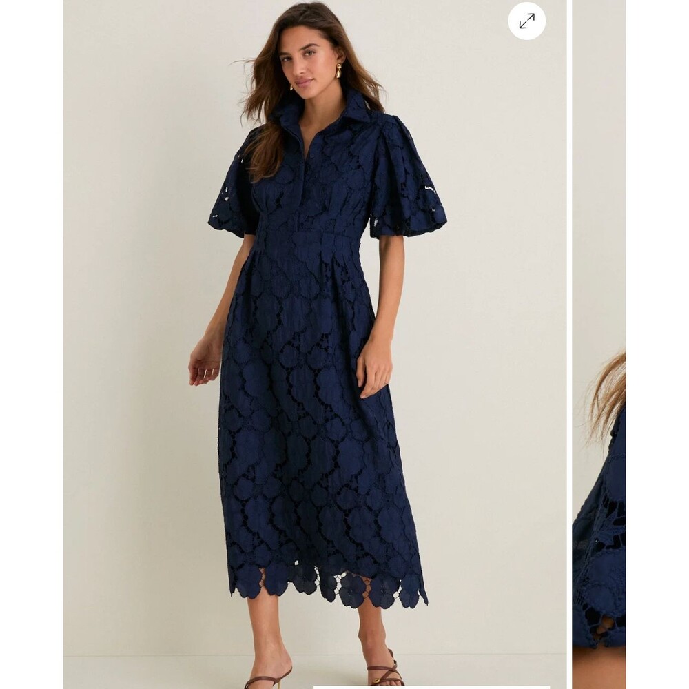 NWT Tuckernuck Midi Dress Navy Blazer Blue Size L Eyelet Delaney Puff Sleeve